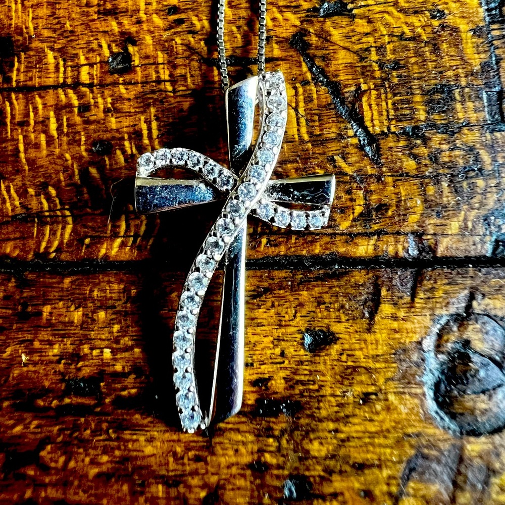 Sterling Silver Cross Necklace with Diamond Accents